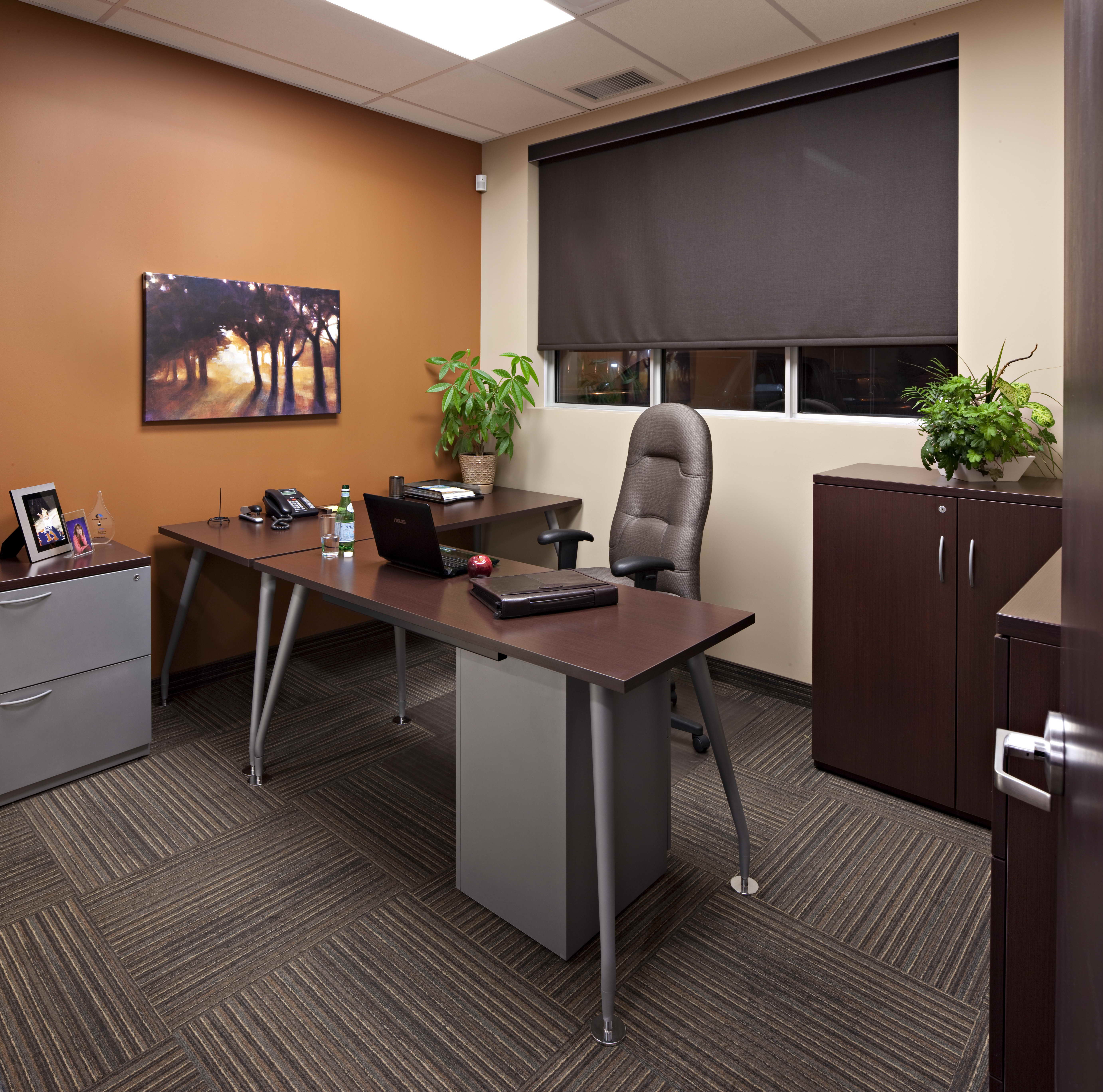 Private office space with brown feature wall
