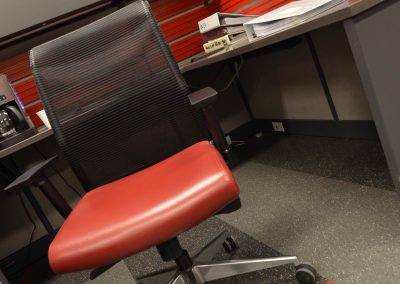 Custom red styled office cubicles and office chair