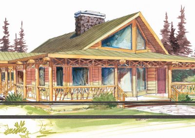 water colour sketch of cabin inspired bungalow surrounded by forested area