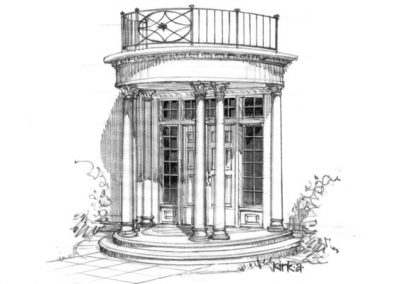 Black and white sketch of french inspired columns and double door