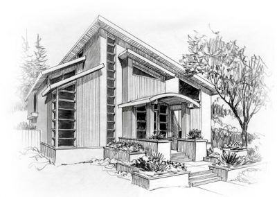 Black and white sketch of front entrance of house with pitched roof