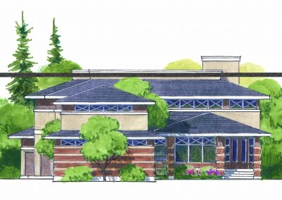 Water colour sketch of large two story brick house surrounded by trees