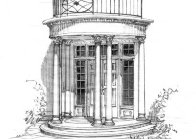 Black and white sketch of front entrance with french styled doors and two columns leading up to a balcony
