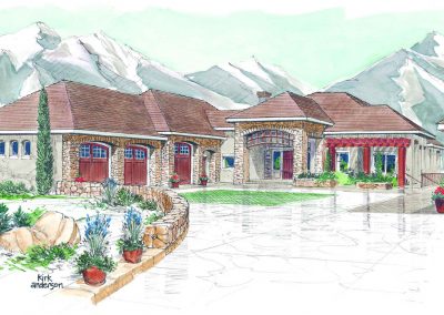 Sketch of exterior of house with rock trim and large driveway leading up to house