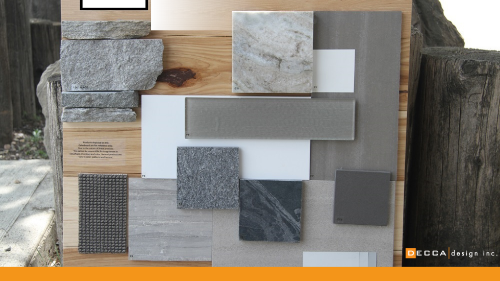 Interior design colour palette board with flooring, fabric, and paint samples for a Calgary renovation project